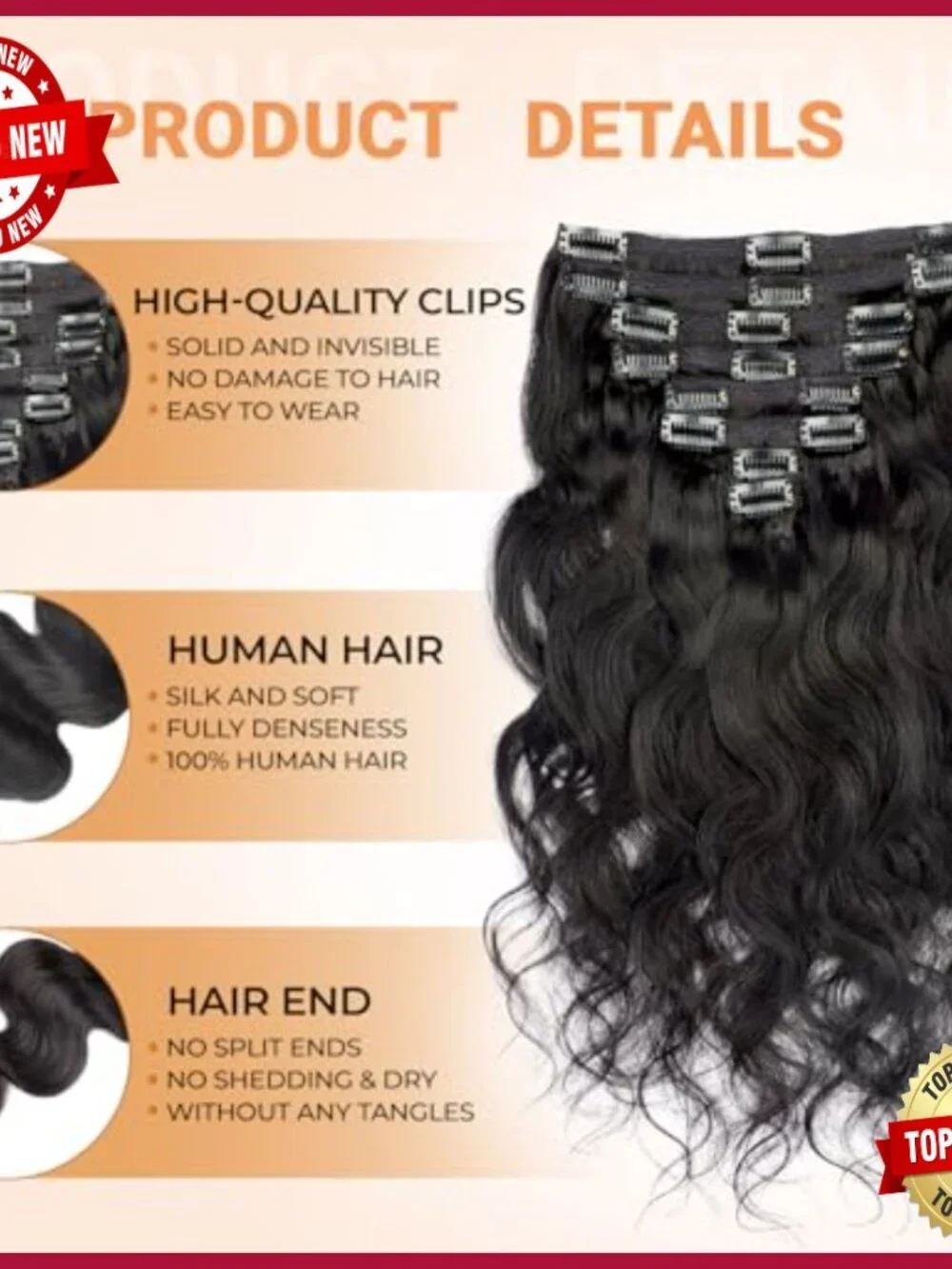 22 Inch Human Hair Clip In Extensions, Body Wave, 8 Pieces, 110g